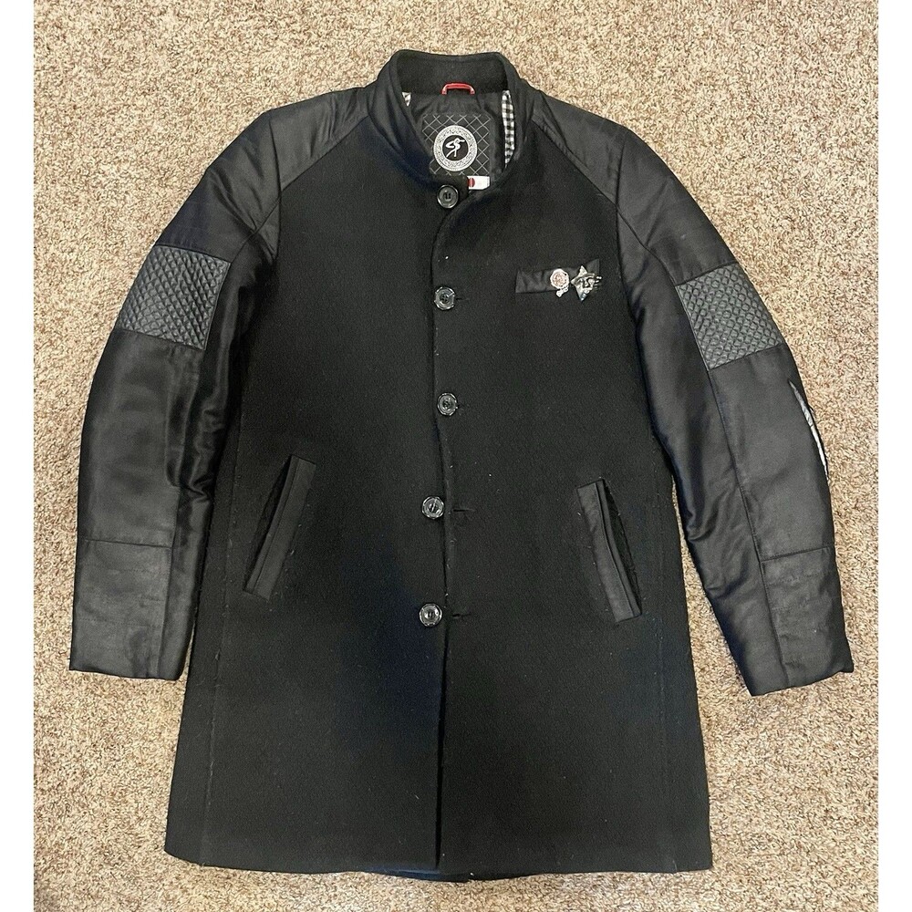 Mondo Men's Black Wool Blend Coat Faux Leather Sleeves Size L